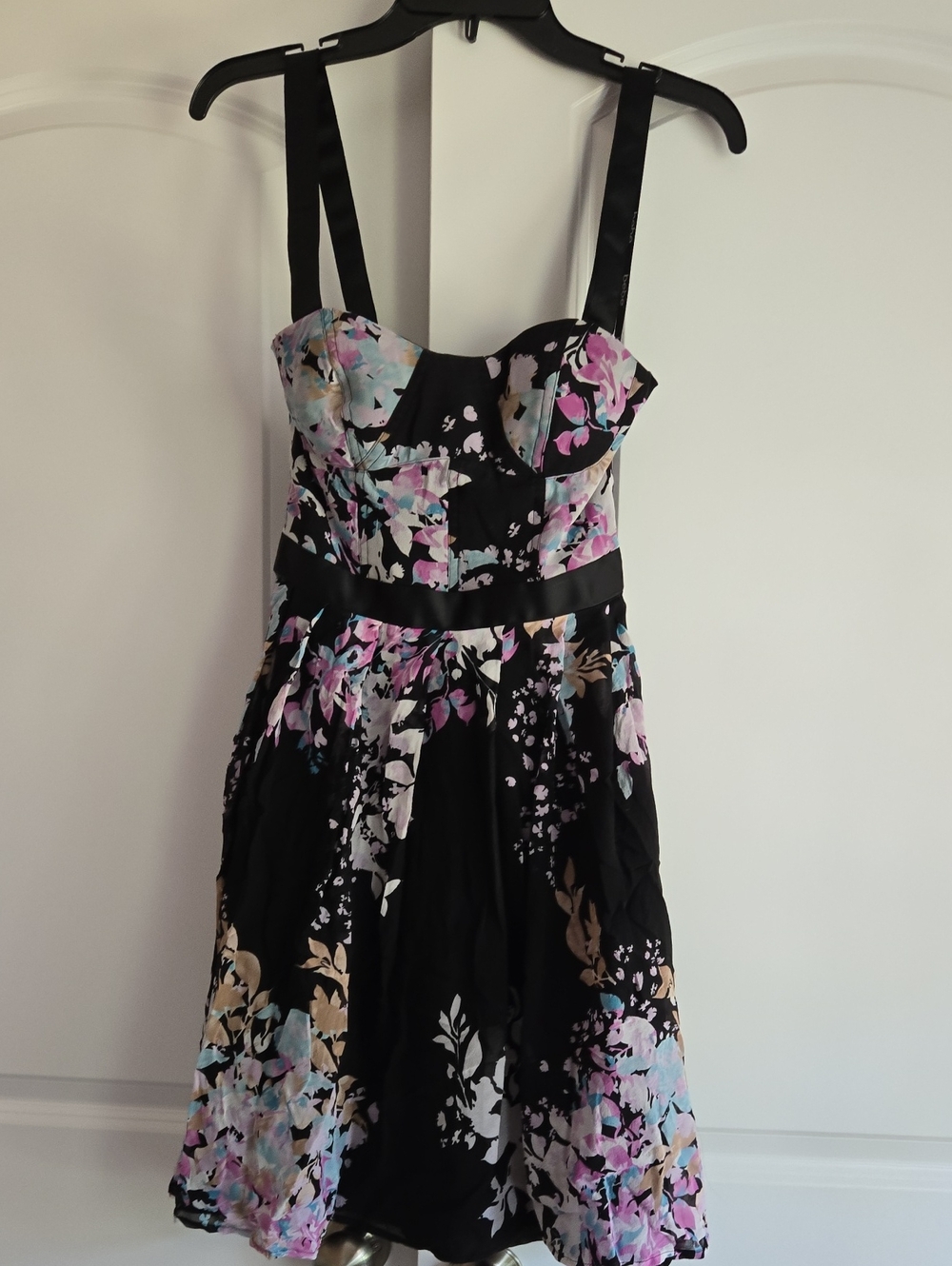 bebe Black Mini Dress with Pastel Floral Print
